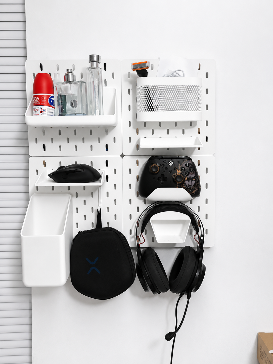 IKEA SKÅDIS shelf with pegboard organizer setup for desk accessories, gaming gear, headphones, and workspace storage